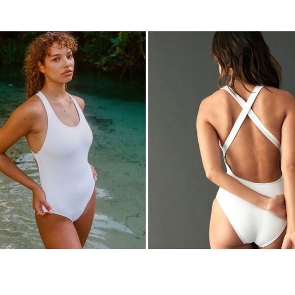 Andie Swim The Tulum One Piece Swimsuit White Ribbed Size L - Picture 1 of 7